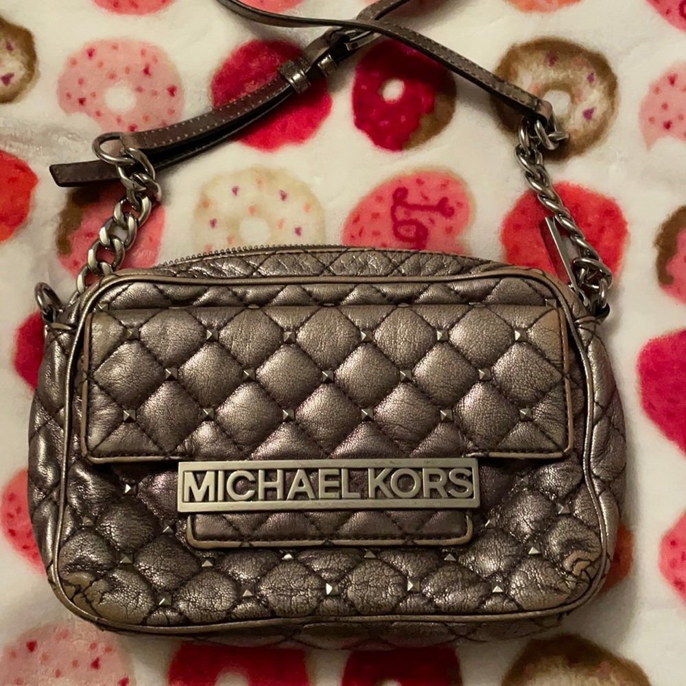 Michael Kors silver leather crossbody with chain strap